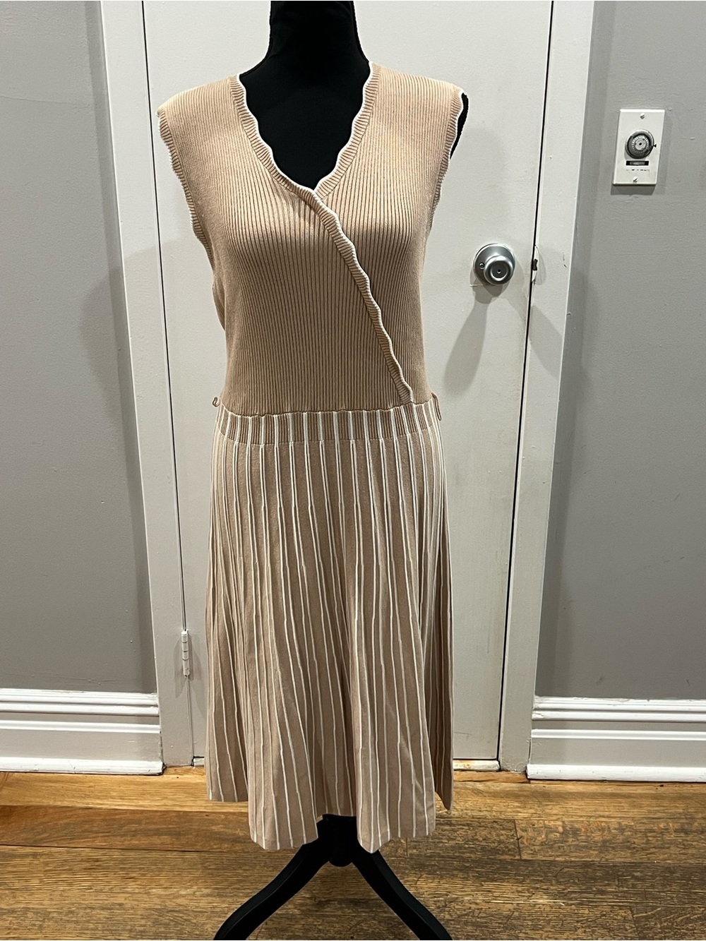 Nina Leonard Tan Knit Sleeveless Dress with Cream Trim